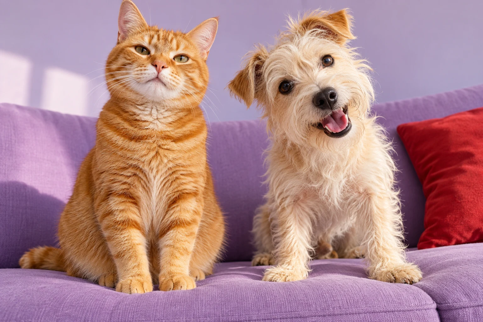 AI editorial portrait of a composed orange cat and a cheerful scruffy dog on a lavender sofa